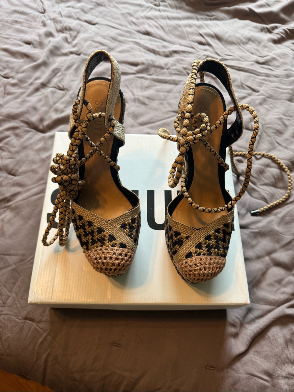 Woven Schutz Espadrille Lace-Up Heels in Tan and Black